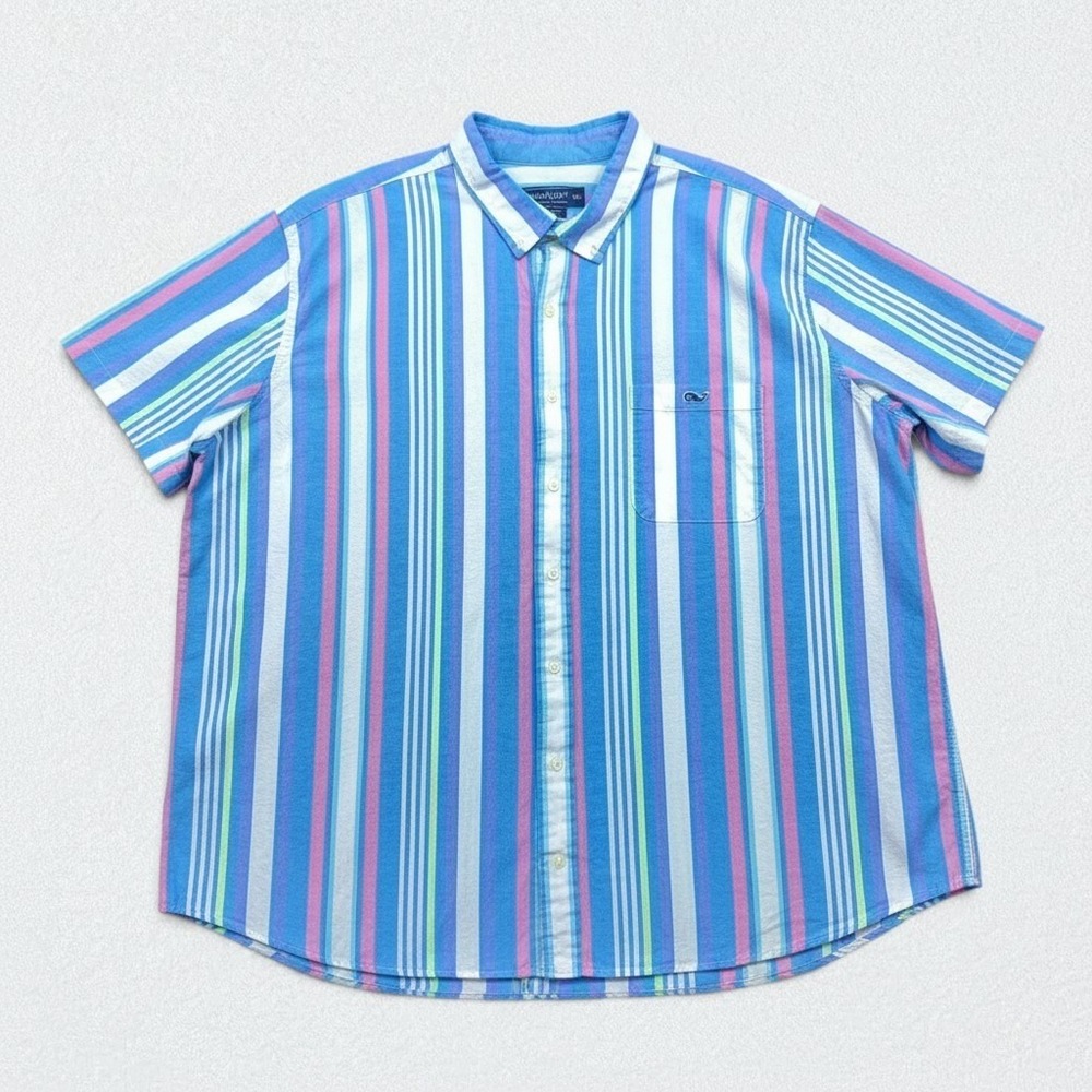 Vineyard Vines Button Down Shirt Mens 4XB Blue Pink Striped Short Sleeve Stretch